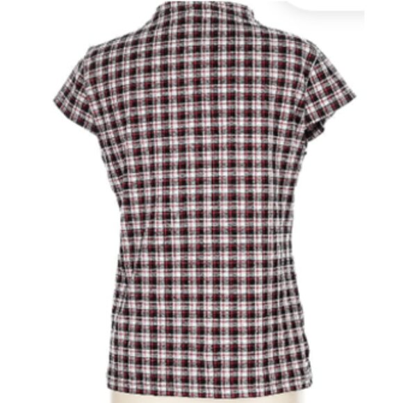 Ann Taylor Mock Neck Cap Sleeve Plaid Top (Black, Red & White) - Picture 3 of 5